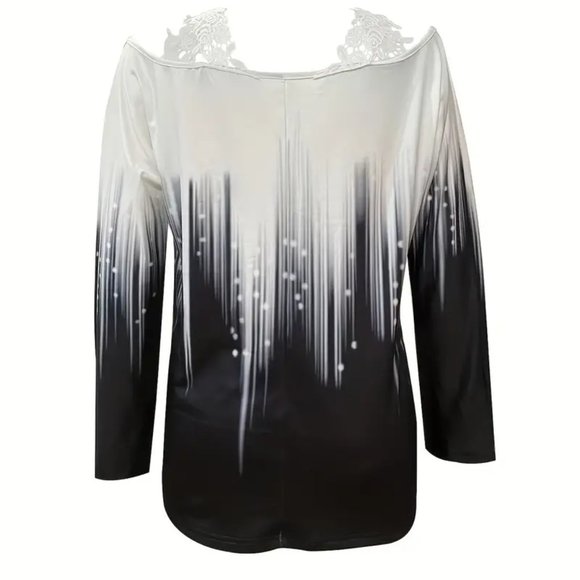 UP TO 50% Off Gradient Lace Stitching Tee Top Casual Cold Shoulder Long Sleeve - Picture 3 of 3